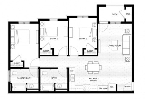 Floor plan for 3 beds, 2 baths, 1099 sqft